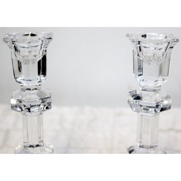 Oslo by Tuscany 6" Lead Crystal Taper Candlestick Pair Wedding Dinner Table - Picture 4 of 8